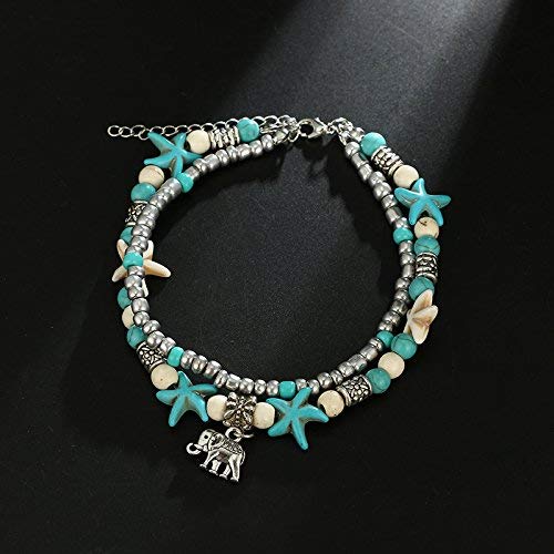 El Regalo Antique Silver Tone Multi Layer Turquoise Beach Beaded Bohemian Fashion Charm Anklets for Women & Girls (Elephant Charm)