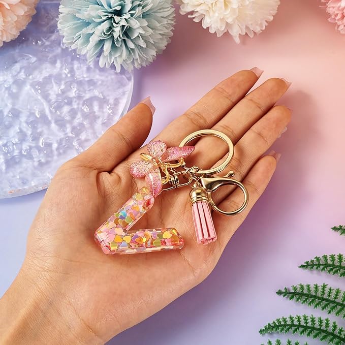 El Regalo Personalized Name Initials Butterfly Charm Keychain - Custom Letter Keyring with Pink Tassel & Butterfly Pendant, Purse, Bag, Backpack Accessory (V Letter)