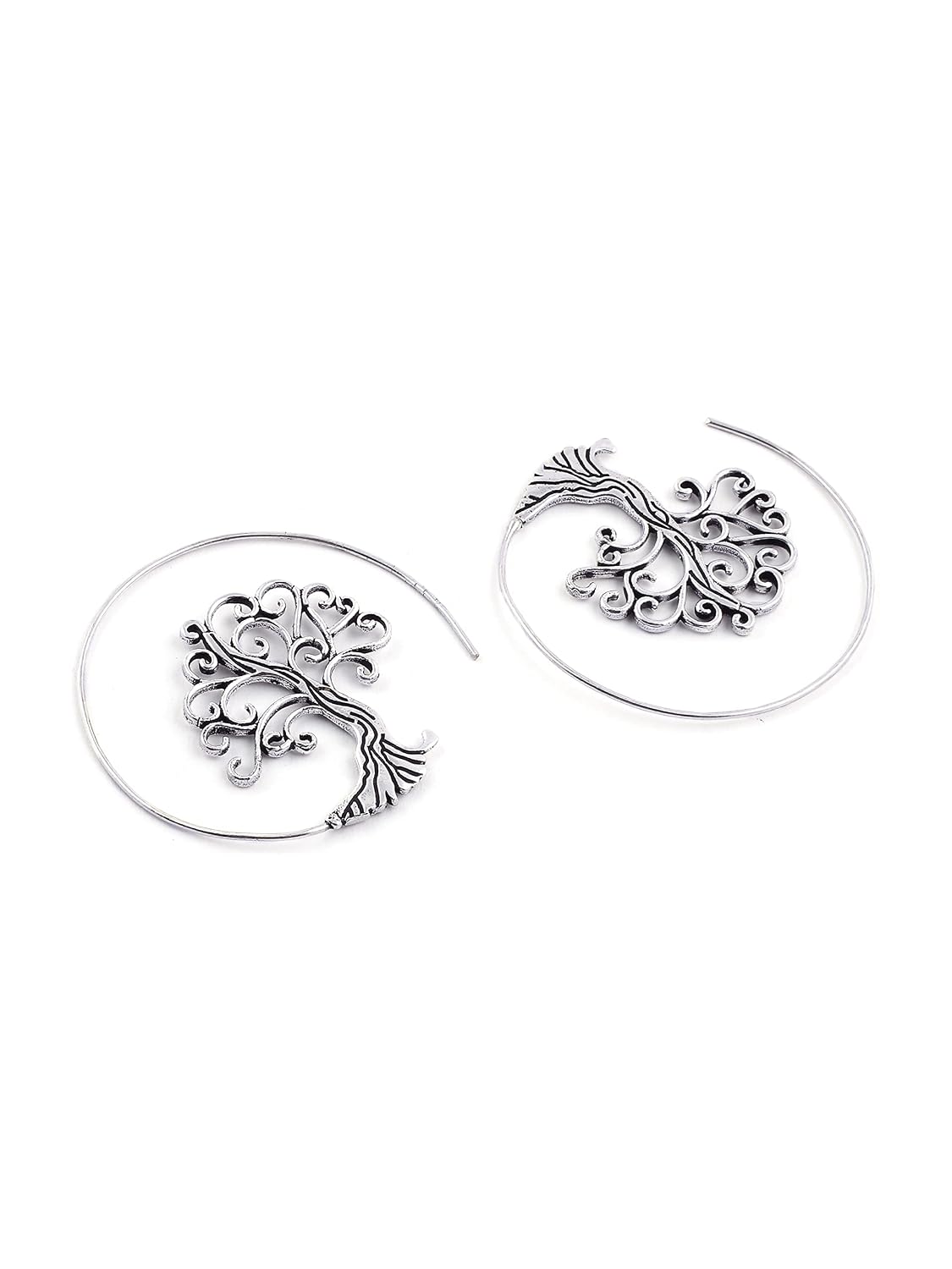 El Regalo Tribal Bohemian Style "Tree of Life" Spiral Hoop Earrings for Girls & Women (Silver)