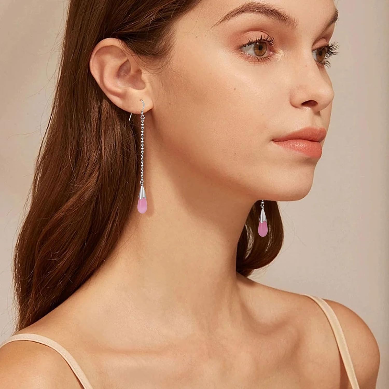 El Regalo Long Opal Liner Droplet Chain Dangle Threader Hook Earrings for Women - Silver Plated, Minimalist Tassel Design, Elegant Earrings (Light Pink)