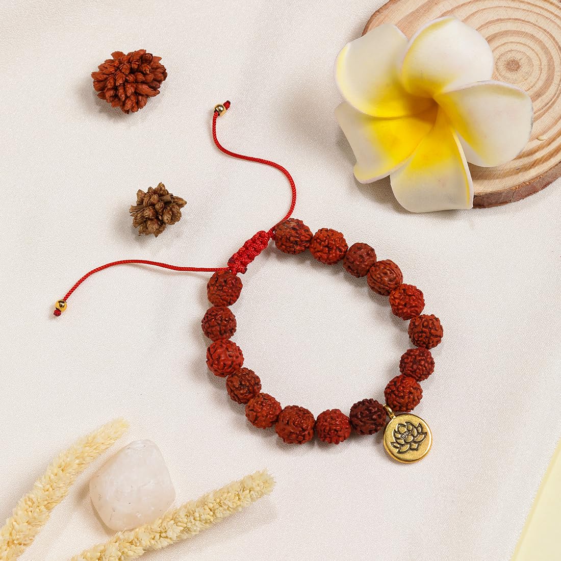 El Regalo Unisex 1 PC Natural Rudraksha Beads Adjustable Bracelet: Handmade Lord Shiva Rudraksha Beads Bracelet with Spritual OM/Aum, Budhdha, Lotus Charms (Golden Lotus Rudraksha Bracelet)