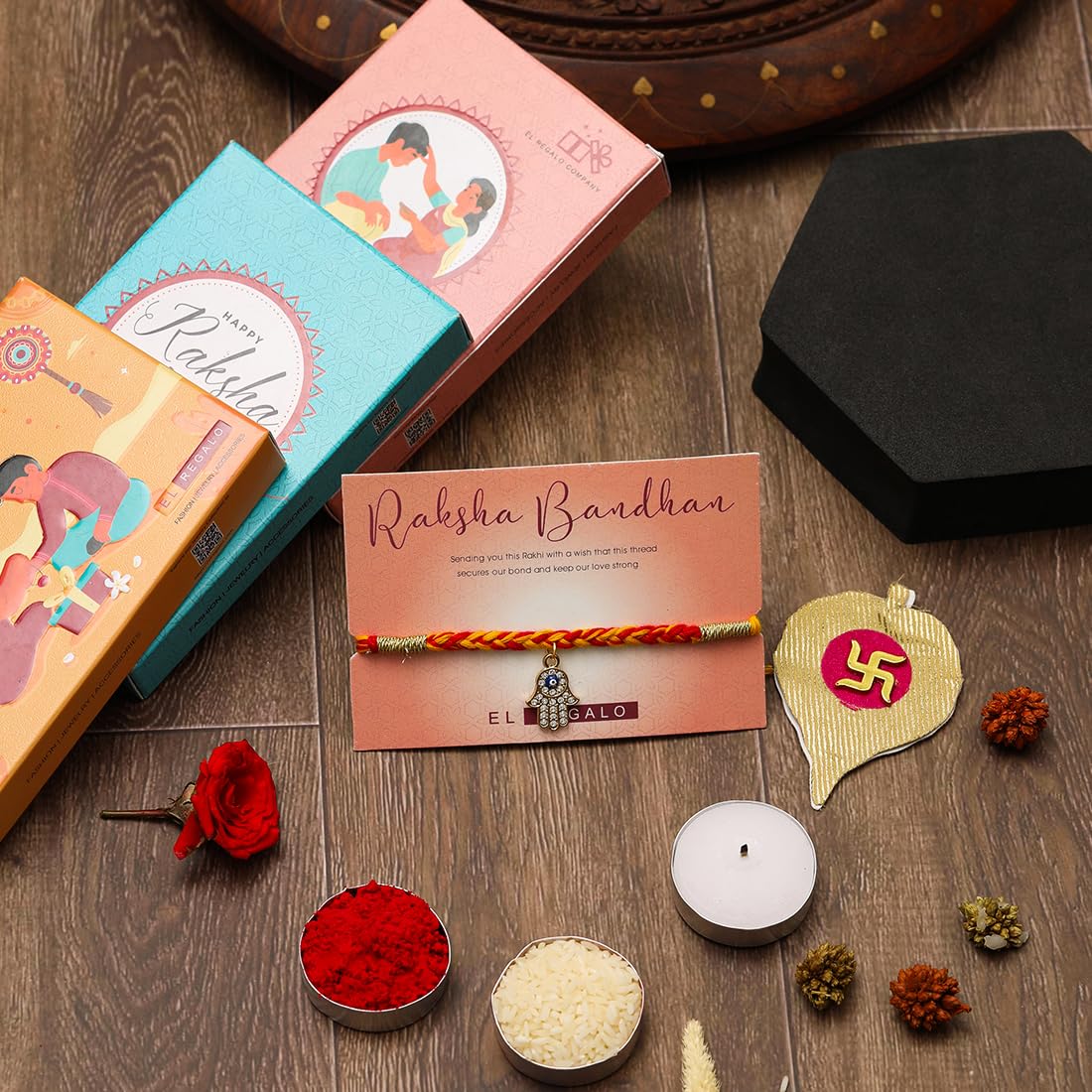 El Regalo 1 PC Moli Rakhi for Bhaiya - Rakshabandhan Moli Charms Rakhi with Message Card & Roli Chawal Shagun in Rakhi Box (Hamsa Hand Moli Rakhi)