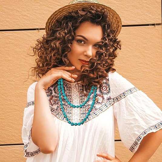El Regalo Turquoise Beads Long Knotted Necklace for Girls & Women- Irregular Turquoise Multi-Strand Layered Necklaces Handmade Jewelry