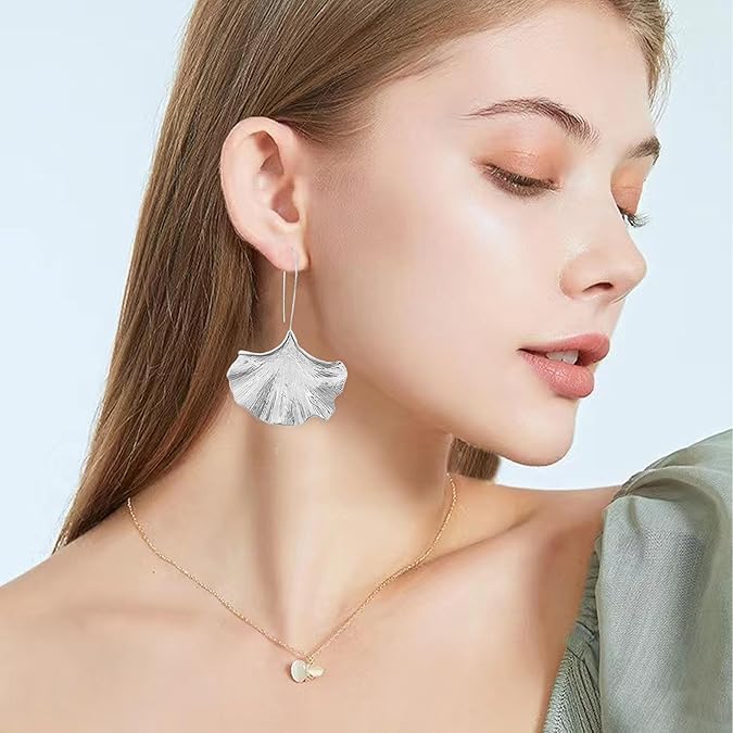 El Regalo Big & Bold Ginkgo Leaf Drop Dangle Earrings - Fashionable Fall Maple Leaf Boho Earrings for Women & Girls, Classy Statement Jewelry (Silver)