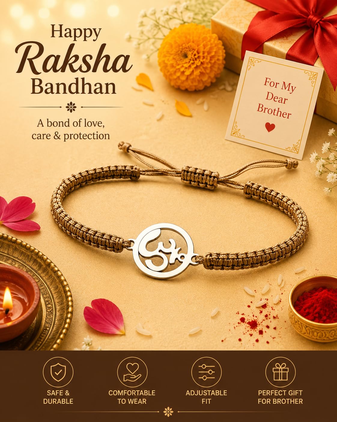 El Regalo Mens 1 PC Stainless Steel OM/Aum Golden Thread Rakhi for Brother - Anti Tarnish/Waterproof Adjustable Rakhi Bracelet for Bhai/Bhatija- Comes with Message Card, Roli-Chawal & Rakhi Box