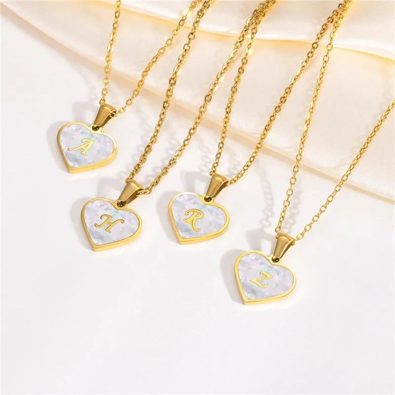 El Regalo Unisex Personalized Heart Name Initial Letters Pendant Necklaces - Stainless Steel Golden Heart Mother of Pearl Name Initials Letters Jewelry - Hypoallergenic Cursive Letters (A-Z) (C)