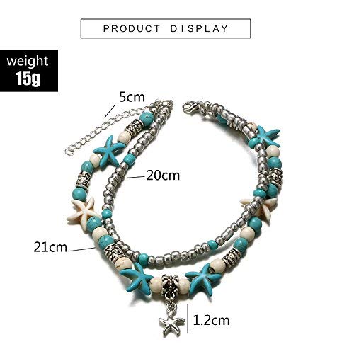 El Regalo Antique Silver Tone Multi Layer Turquoise Beach Beaded Bohemian Fashion Charm Anklets for Women & Girls (Star Charm)