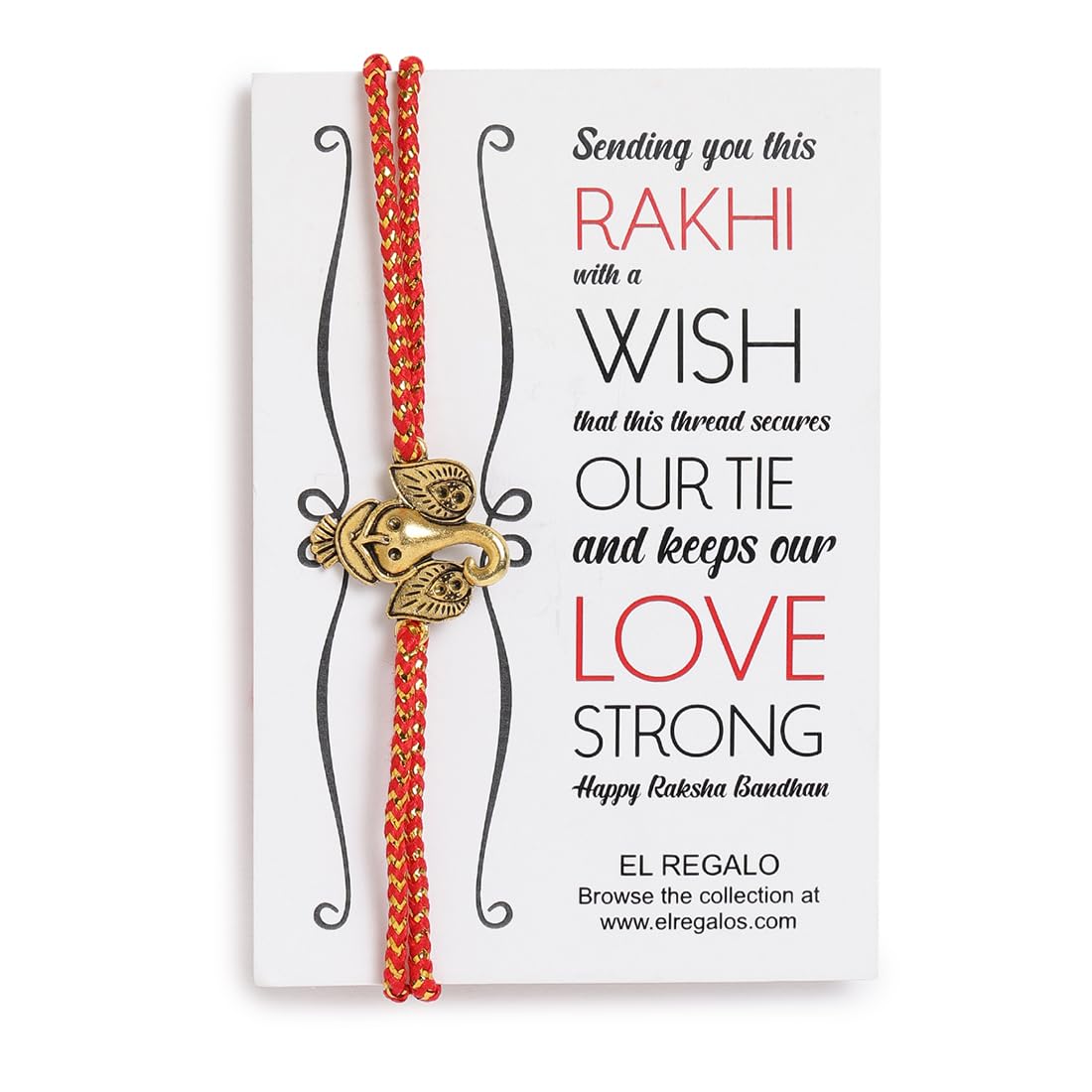 El Regalo OM Ganesha Red Thread Rakhi for Brother/Bhai/Bhaiya- Auspicious OM/Aum, Ganesha Rakhi with Roli Chawal Shagun, Rakhi Message Card in Rakhi Gift Box (Ganesha Red)
