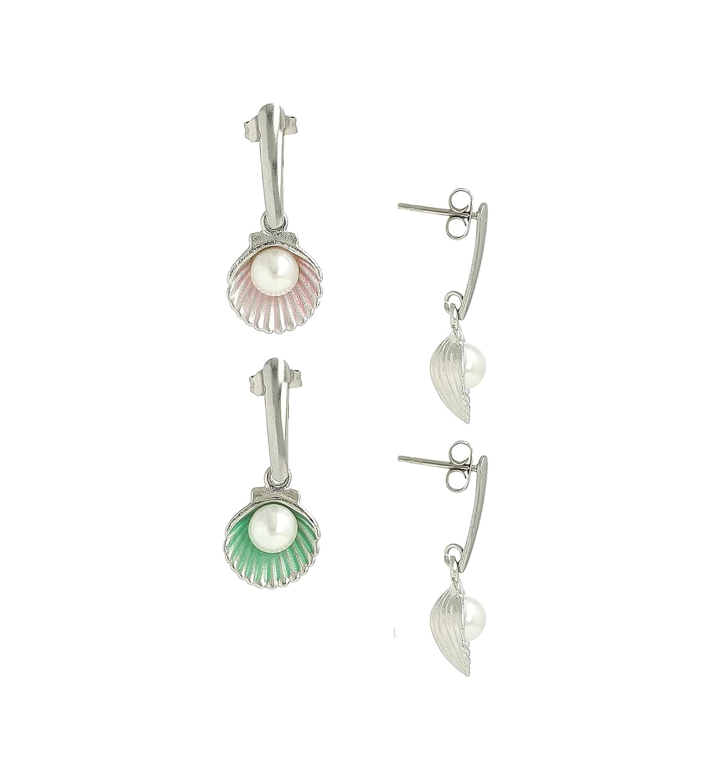 El Regalo 2 Pairs Cute Shiny Enamel Shell Pearls Dangle Stud Earrings- Hypoallergenic Metallic Shell Pearls Fashion Earrings for Girls & Women (Pink & Blue)