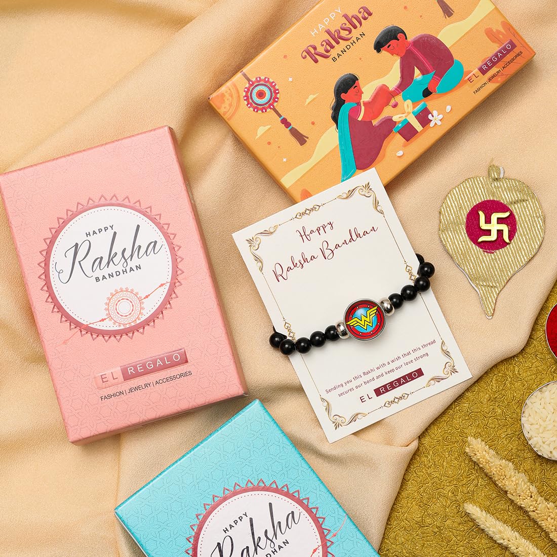 El Regalo 1PC Superhero Kids Marvel Theme Rakhi with Replacement Button for Brother- Kids Unisex Rakhi with Roli Chawal, Rakhi Message Card in Rakhi Gift Box for Little Bro (Wonder Women Rakhi)