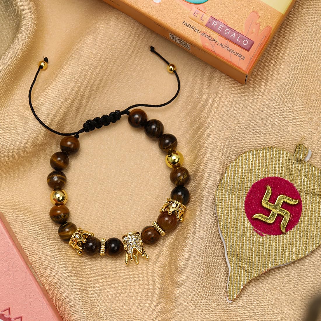 El Regalo 1 PC Natural Stones AD King Crown Rakhi for Brother/Bhai- Designer Handcrafted Natural Stones Rakhi with Roli-Chawal Shagun, Rakhi Message Card in Rakhi Gift Box (Brown & Golden)