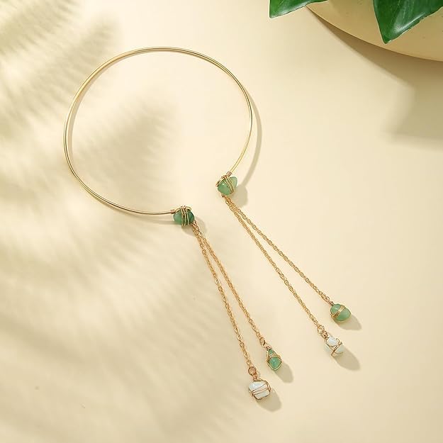 El Regalo Handcrafted Gold Plated Arm Cuff Jewelry for Women/Girls - Stone Pendant Armband Tassel Arm Bands (Green Stones)