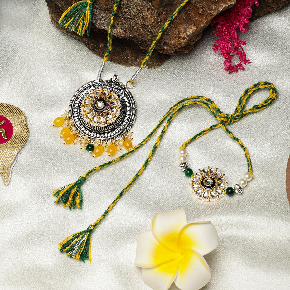 El Regalo Designer Bhaiya- Bhabhi Rakhi Luma/Lumba Set- Kundan, Pearls Rakhi with Roli Chawal in Gift Box- Luma Convertible into Necklace (Option-4)