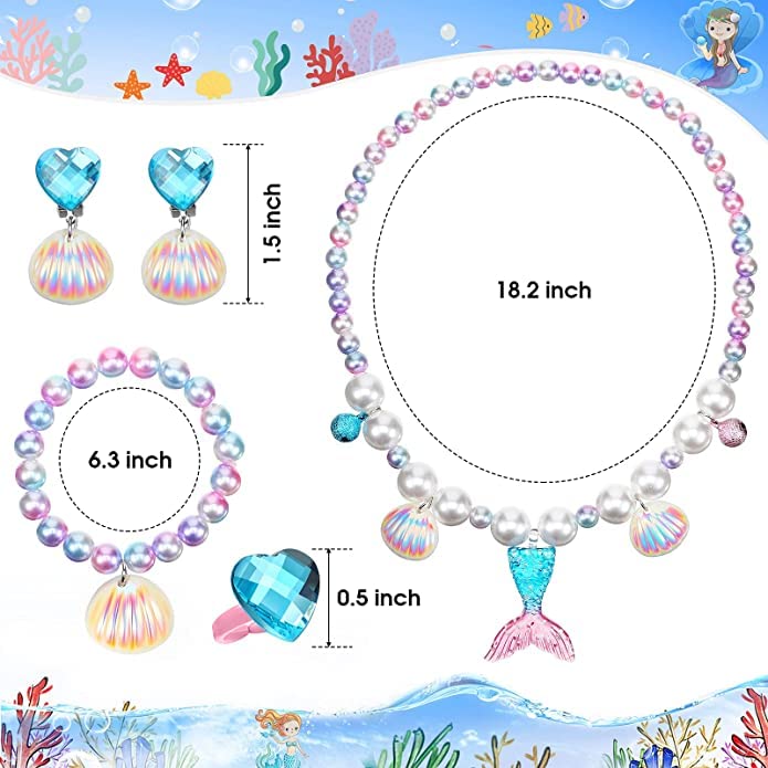 El Regalo 4-Piece Mermaid Princess Girls Kids Dress Up Jewelry Gift Set - Princess Mermaid Shell Necklace, Bracelet, Earrings, Ring Pearl Gifts for Girls/Toddlers/Kids (Pink)