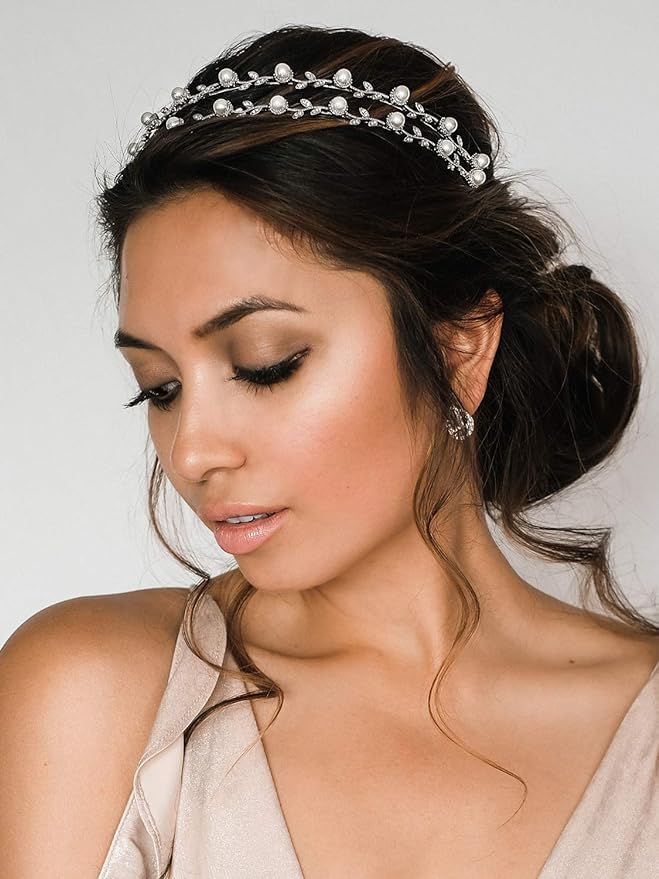 El Regalo Multi Layered Tiara Hairbands- Retro Star, Moon, Pearls, Flowers, Rhinestone Hairband/Headband for Kids/Girls & Women - Wedding Bridal Bridesmaid Hair Accessories (Silver Pearl & Flowers)