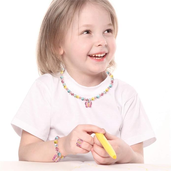 El Regalo 3PCs Kids Butterfly Stretch Necklace, Bracelet & Ring Set for Girl/Toddler- Princess Jewelry Accessories for Girls