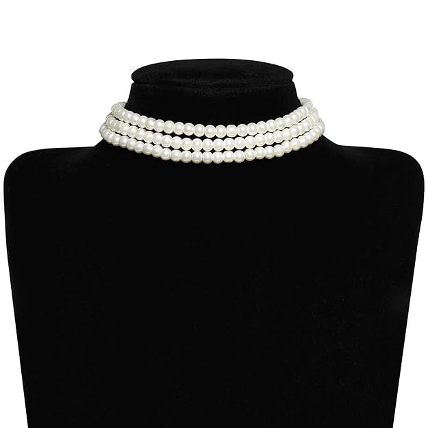 El Regalo Elegant Round Imitation Pearl Multi Strands Choker Necklace for Girls & Women- Party Pearl Necklace with Stainless Steel Chain