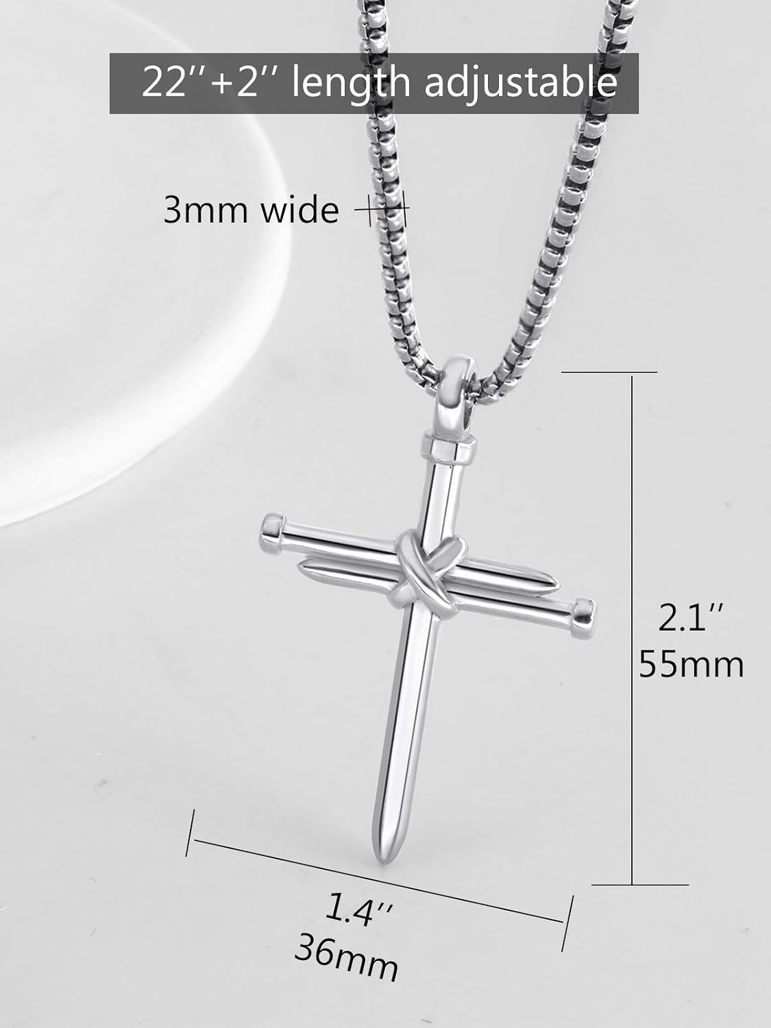 PIYIZ Cross Chain for Men Stainless Steel Nail Cross Pendant Necklace Teens Silver Christian Jewelry Jesus Cross Necklace 22""+2 Inch Extender, Medium, PIYN23007G