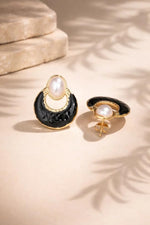 El Regalo Elegant Stainless Steel Pearl Stud Earrings for Women | 18K Gold Plated Vintage Oil Drip Enamel C-Hoop Studs | Anti-Tarnish Boho Western Jewellery (Black)