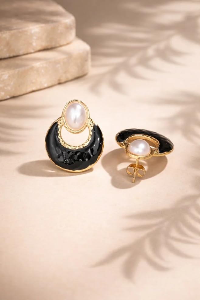 El Regalo Elegant Stainless Steel Pearl Stud Earrings for Women | 18K Gold Plated Vintage Oil Drip Enamel C-Hoop Studs | Anti-Tarnish Boho Western Jewellery (Black)