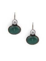 El Regalo 1Pair Cute Oxidized 925 Silver Plated Pearl & Stones Hook Earrings for Girls/Women- Silver Lookalike Handmade Oxidized Brass Hook Traditional Earrings with Stones & Pearls (Green)