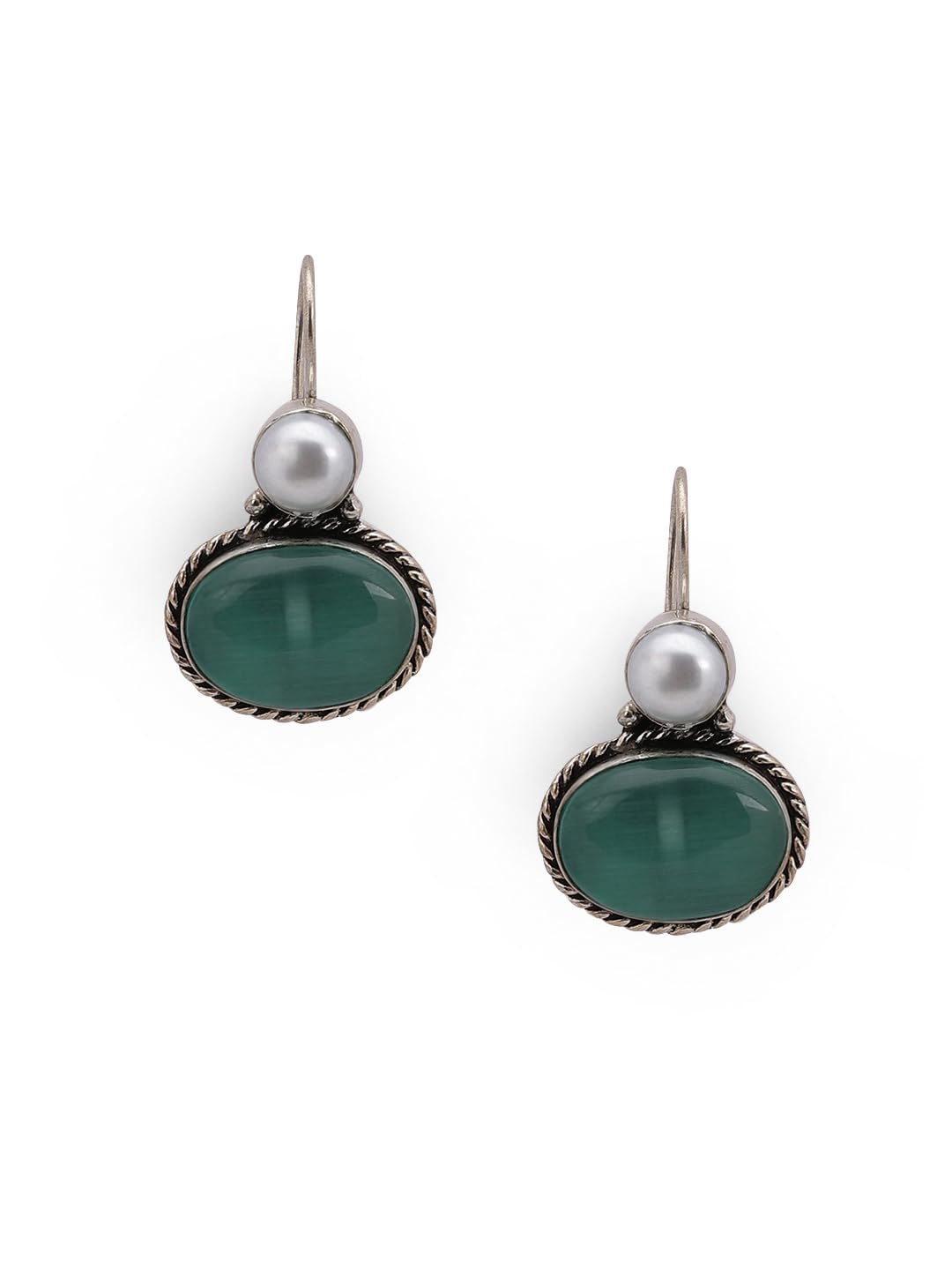 El Regalo 1Pair Cute Oxidized 925 Silver Plated Pearl & Stones Hook Earrings for Girls/Women- Silver Lookalike Handmade Oxidized Brass Hook Traditional Earrings with Stones & Pearls (Green)