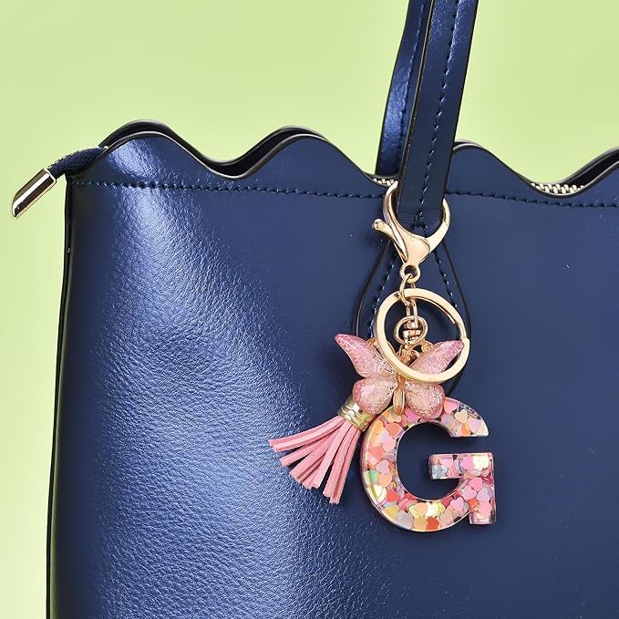 El Regalo Personalized Name Initials Butterfly Charm Keychain - Custom Letter Keyring with Pink Tassel & Butterfly Pendant, Purse, Bag, Backpack Accessory (G Letter)
