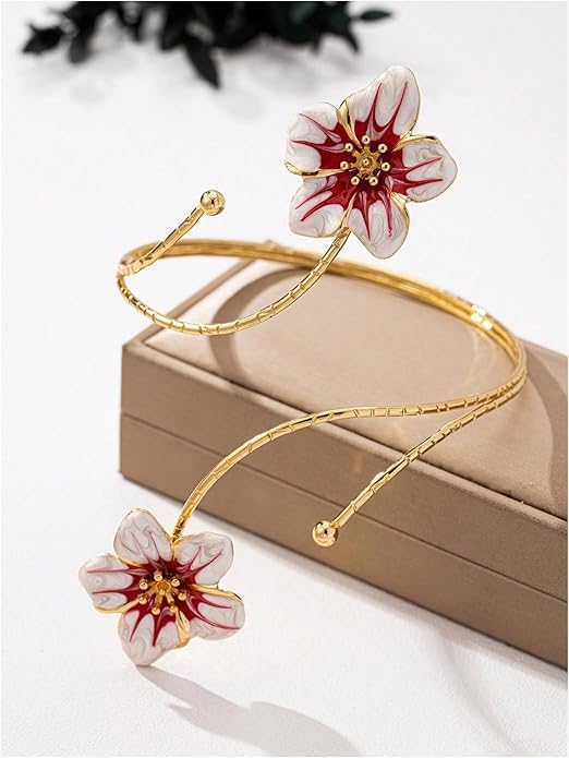 El Regalo Floral Enamel Armlet/Bajuband for Women & Girls - Adjustable Gold-Plated Upper Arm Cuff Bracelet | Bohemian Armlet for Weddings, Festivals & Dance Performances (White Shade)