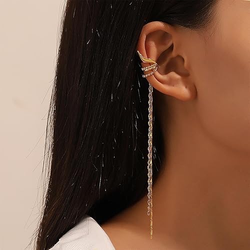 El Regalo Elegant Palace Style Elf Ear Cuff Clip-On Earrings - Non-Piercing Long Tile Tassel Chain Ear Cuff, Western Statement Ear Clips for Women & Teens (Gold)