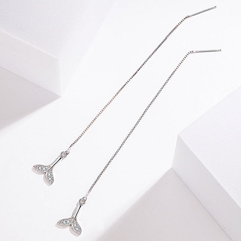 El Regalo Modern Sui Dhaga Threader Earrings for Women - Minimalist Long Pull Through Chain Earrings - Light Dangle Needle Threaders for Multiple Piercings, Sensitive Ears (Silver Whale Tail)