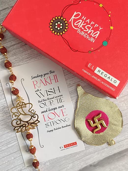 El Regalo OM Red Rakhi for Brother/Bhai/Nephew/Bhatija OM Handwoven Rakhi with shagun, Rakhi Message Card in Rakhi Gift Box