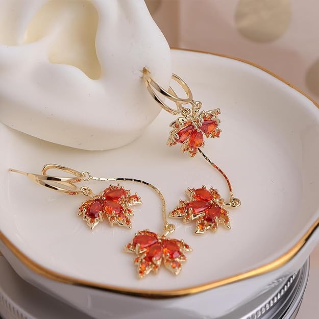El Regalo Gold Open Hoop Fall Maple Leaf Dangle Earrings - Elegant Sparkling Crystal Cubic Zirconia Rhinestone Earrings for Women