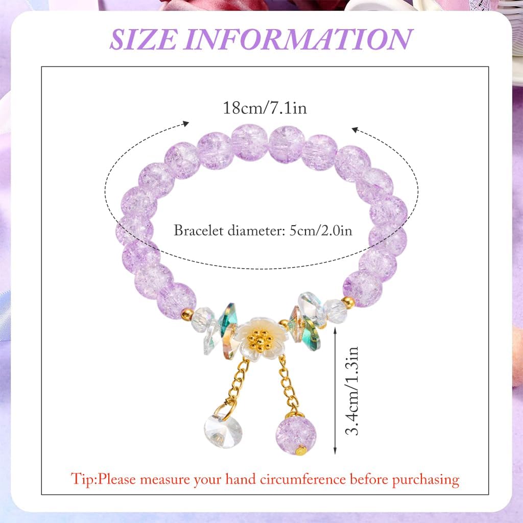 El Regalo Daisy Flower Bracelets- 1PC Crackled Crystal Beads Tassel Flower Charms Bracelet for Girls & Women (Purple)