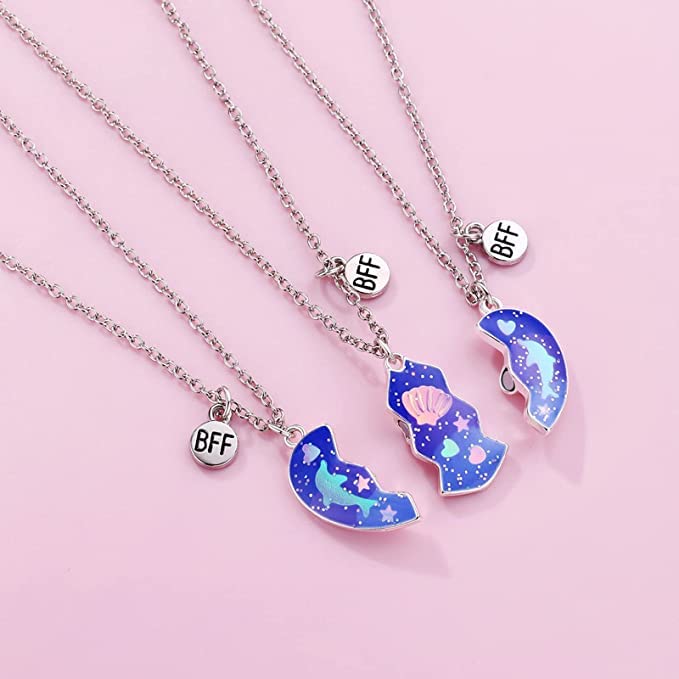 El Regalo 3 PCs BFF Best Friend Forever Split Heart Magnetic Matching Pendant Necklaces Set for Kids/Girls/Teens- Friendship Puzzle Necklaces Sets for Besties (Blue Dphphin Shell BFF)