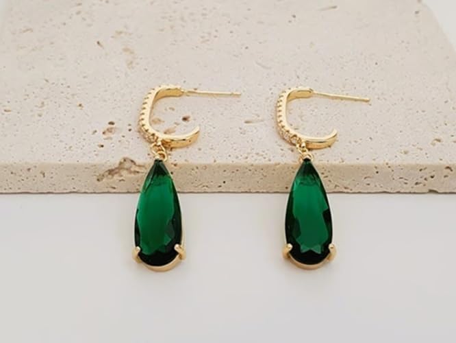 El Regalo Luxury 18K Gold Plated Emerald Green Teardrop Statement Earrings for Women | Sparkling Crystal Studded C-Hoop Dangle Earrings | Elegant Party & Wedding Jewelry Gift for Her