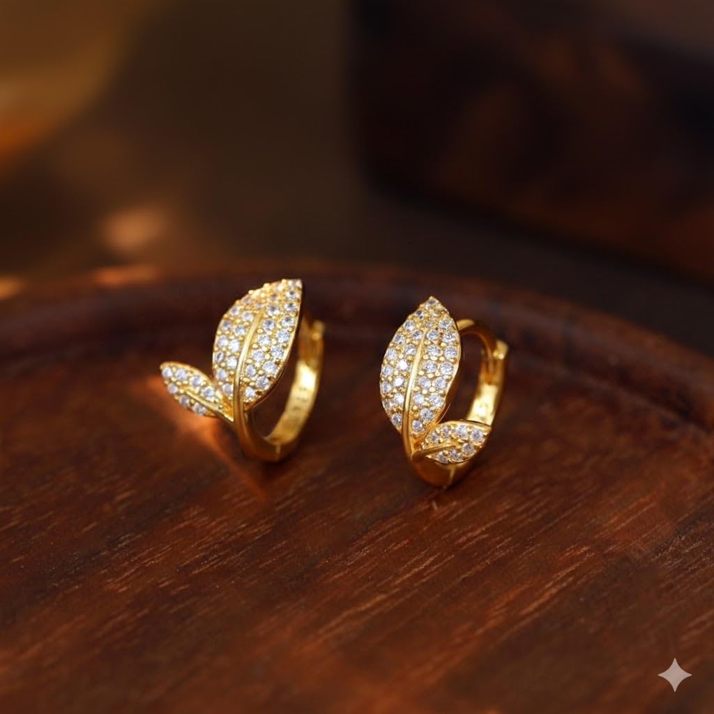 El Regalo Dainty CZ Crystal Leaf Huggie Hoop Earrings for Women & Girls - Cute & Sparkling American Diamond Marquise Leaf Bali Earrings (Gold)