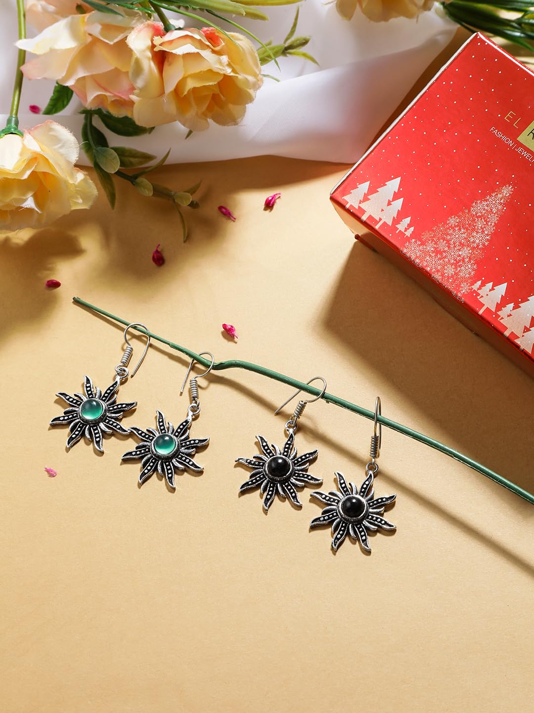 El Regalo Women's & Girl's 2 Pairs Of Contemporary Surya (Sun) Earrings With Natural Stones- Gift For Her (Option-3)