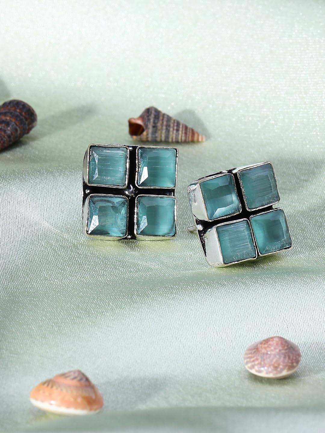 El Regalo 925 Silver Plated Oxidized Stud Earrings with Monalisha Stones - Square Bohemian Stud Earrings for Women - Tribal Antique Replica Earrings (Bottle Green)