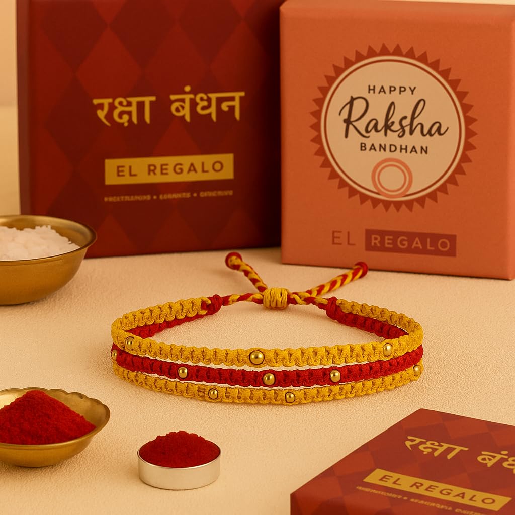 El Regalo Handmade 3-Layered Mauli Thread Rakhi for Brother with OM Charm - Traditional Bracelet with Roli Chawal, Message Card & Rakshabandhan Box (Mauli Rakhi)