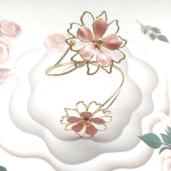 El Regalo Floral Enamel Armlet/Bajuband for Women & Girls - Adjustable Gold-Plated Upper Arm Cuff Bracelet | Bohemian Armlet for Weddings, Festivals & Dance Performances (Big Pink Flower)