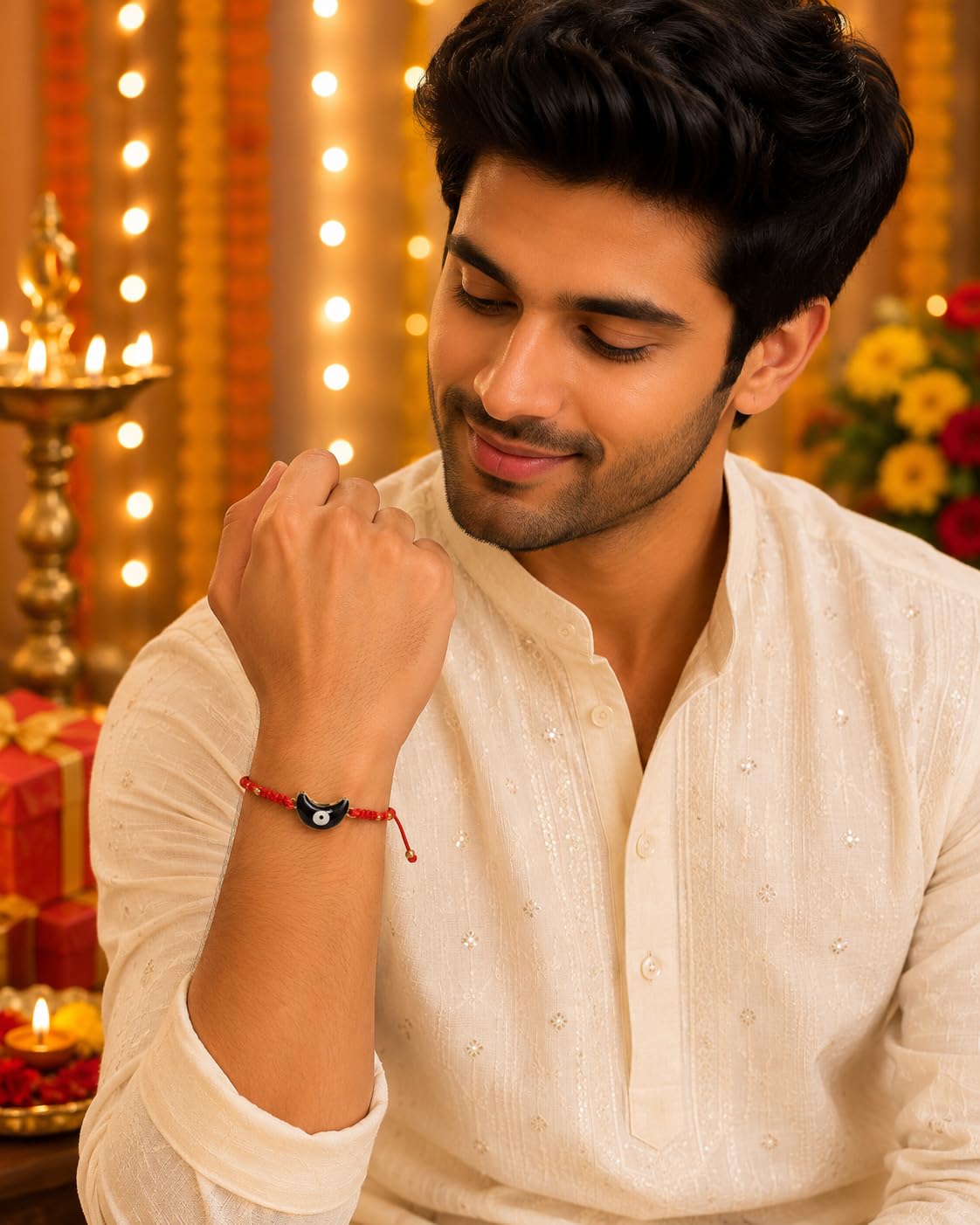 El Regalo Evil Eye Bracelet Rakhi for Brother with Roli Chawal in Gift Box (Red with Blue Evil Eye)