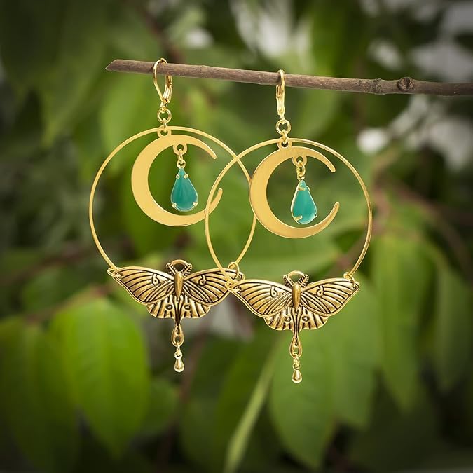 El Regalo Bohemian Luna Moth Dangle Earrings - Handmade Vintage Gold Hollow Circle Earrings with Moon & Moth Design - Retro Statement Jewelry for Women & Girls