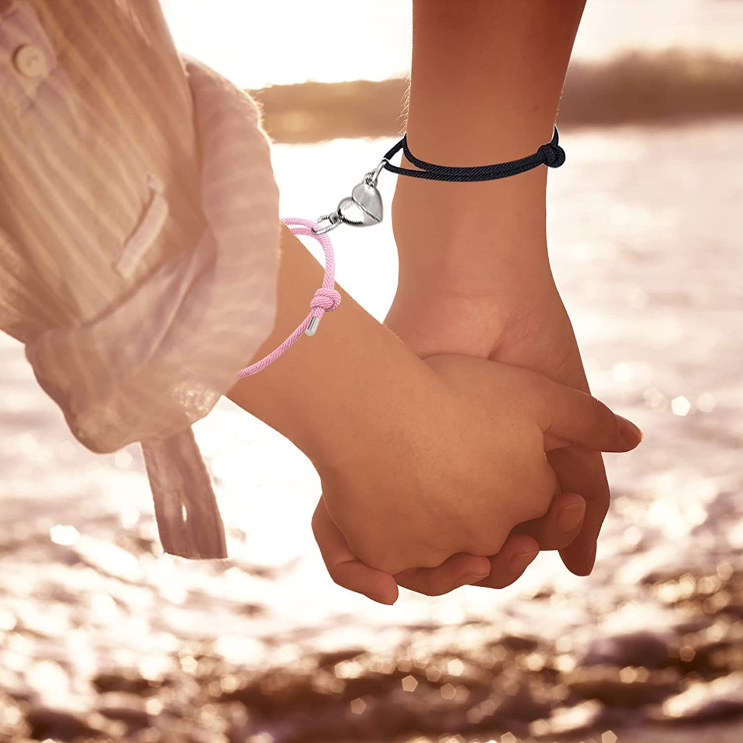 El Regalo Mutual Attraction Magnet Matching Couple Rope Braided Bracelet Set for Men and Women (Pink & Black Heart)