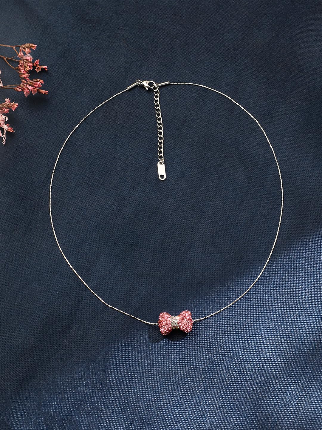 El Regalo Elegant & Cute Pink Bow Pendant Stainless Steel Chain Necklace for Girls/Women - Dazzling Cubic Zirconia Bow Necklace