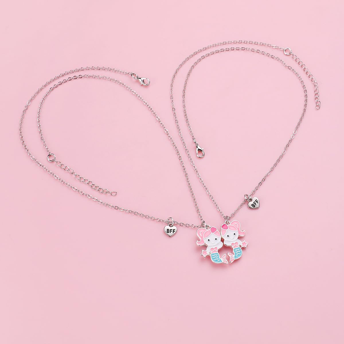 El Regalo 2 PCs BFF Best Friend Forever Mermaid Princess Split Magnetic Matching Pendant Necklaces Set- Friendship Day Gift for Girls/Kids/Teens (Silver Mermaids)