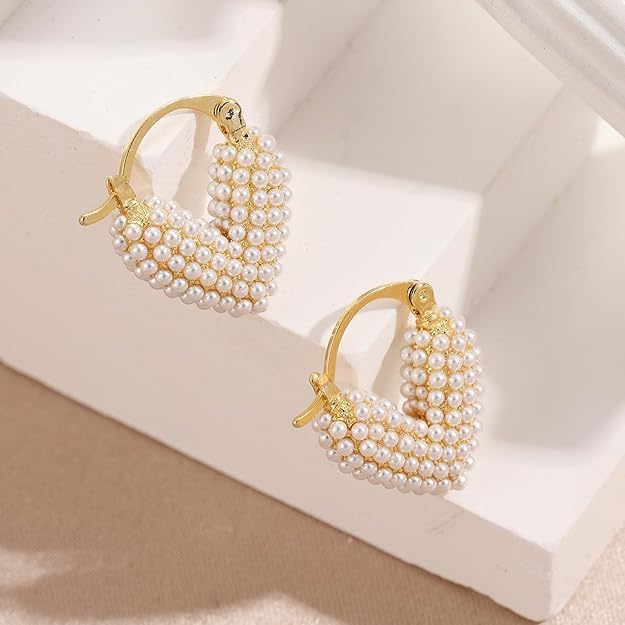 El Regalo Gold-Plated Pearl Heart Hoop Earrings for Women & Girls - Classic, Elegant Tiny Pearl Heart Hoops, Trendy & Fashionable Earrings for Everyday Wear