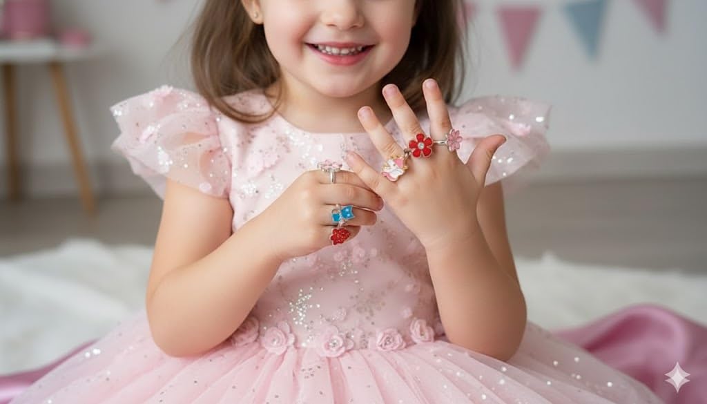 El Regalo 12 Pcs Cute Adjustable Rings Set for Kids/Girls/Women - Colorful Cartoon Enamel Finger Rings | Adjustable Cute Jewelry Gift Box - Butterfly, Flower, Bow, Heart, Cherry Designs (Style-4)