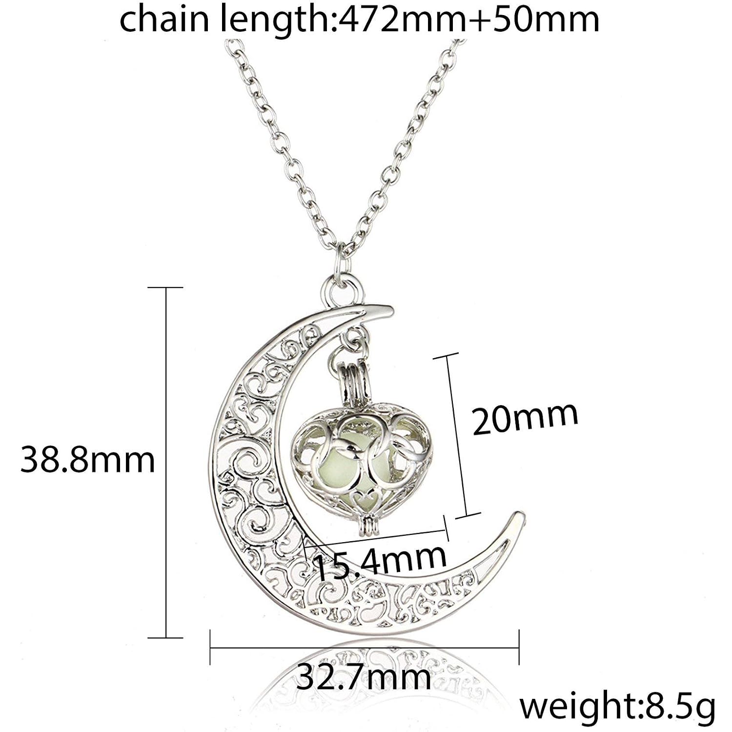 El Regalo Valentine's day gift-Glow In The Dark Moon with hanging Heart Pendant Necklace | Frozn Forest 925 Silver Plated Girls Pendant Necklace