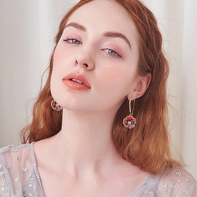 El Regalo Women's & Girl's 1 Pair Iridescent Flower Dangle Earrings - Hypoallergenic Gold-Tone with Mixed Stones Earrings (Red Rose Flower)