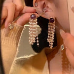 El Regalo Elegant Purple Stone Stud Pearl Tassel Earrings for Women & Girls, Multi-Strand Pearl Drop Dangle Earrings, 6cm Long Gold Plated Statement Earrings